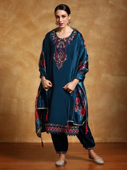 Varanga - Women Floral Motif Thread Embroidered Kurta with Afghani Salwar and Dupatta (Set of 3)