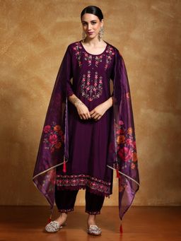 Varanga - Women Floral Motif Thread Embroidered Kurta with Afghani Salwar and Dupatta (Set of 3)