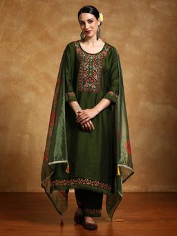 Varanga - Women Floral Motif Thread Embroidered Kurta with Pant and Dupatta (Set of 3)