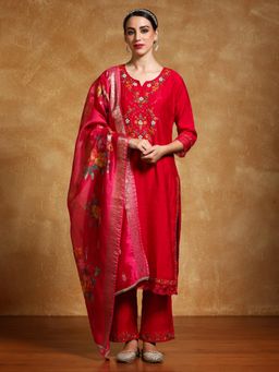 Varanga - Women Floral Motif Thread Embroidered Kurta with Pant and Dupatta (Set of 3)