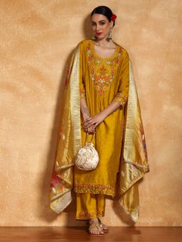 Varanga - Women Floral Motif Thread Embroidered Kurta with Pant and Dupatta (Set of 3)