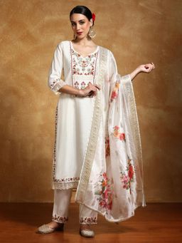 Varanga - Women Floral Motif Thread Embroidered Kurta with Pant and Dupatta (Set of 3)