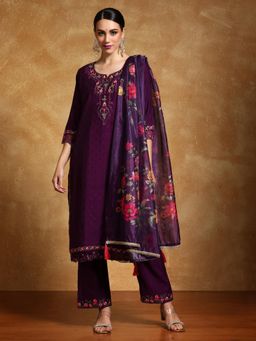 Varanga - Women Floral Motif Thread Embroidered Kurta with Pant and Dupatta (Set of 3)