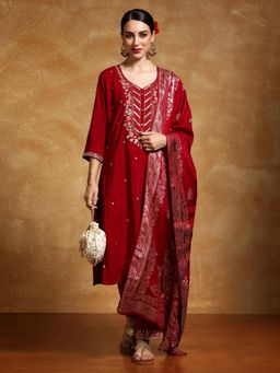 Varanga - Women Zari Embroidered with Floral Motif Buta Kurta with Pant and Dupatta (Set of 3)