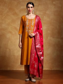 Varanga - Women Zari Embroidered Floral Motif Buta Kurta with Pant and Dupatta (Set of 3)