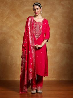 Varanga - Women Zari Embroidered Floral Motif Buta Kurta with Pant and Dupatta (Set of 3)