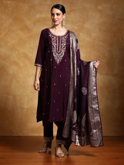 Varanga - Women Zari Embroidered Floral Motif Buta Kurta with Pant and Dupatta (Set of 3)