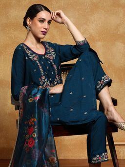 Varanga - Women Zari Embroidered Floral Motif Buta Kurta with Pant and Dupatta (Set of 3)