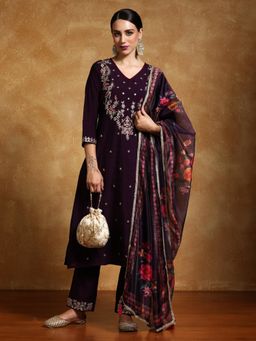 Varanga - Women Zari Embroidered Floral Motif Buta Kurta with Pant and Dupatta (Set of 3)