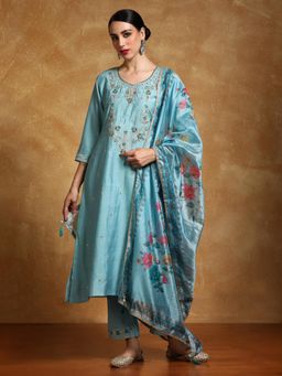 Varanga - Women Floral Heavy Zari Embroidered Kurta with Pant and Dupatta (Set of 3)