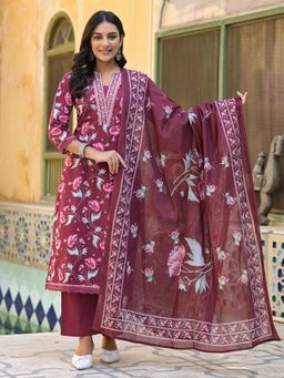 Varanga - Women Floral Printed with Embroidered Placket Kurta with Pant and Dupatta (Set of 3)