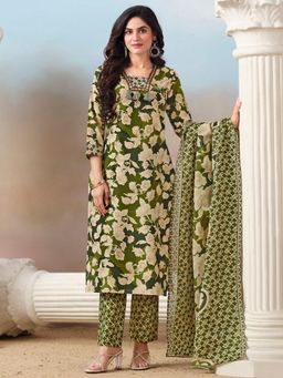 Varanga - Women Floral Kurta with Mirror with Pant and Dupatta - Green (Set of 3)