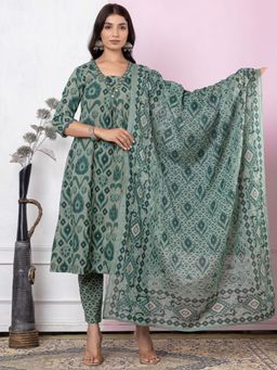 Varanga - Women Ikat Printed Thread Flared Kurta with Pant and Dupatta (Set of 3)