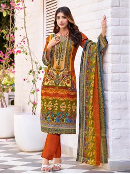 Varanga - Women Floral Mirror Pakistani Kurta with Pant and Dupatta - Orange (Set of 3)