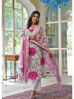 Autumnlane - Yutika Rose Cotton Kurta Pant and Dupatta (Set of 3)