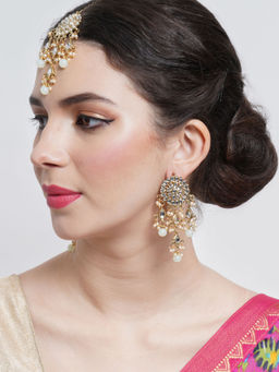 Karatcart - Gold Plated Embellished Light Green Kundan Tassel Earrings with Maangtikka