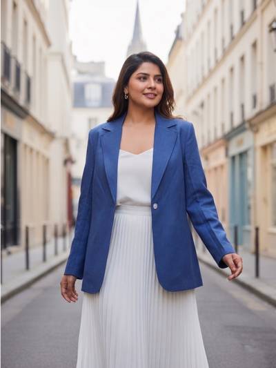Blue Cotton Notch Collar Blazer