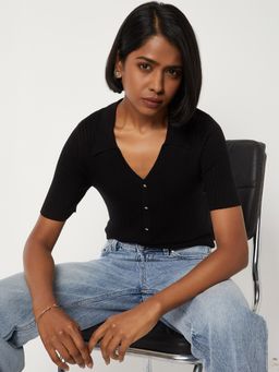 max - Black Women Knit Short Sleeves Top
