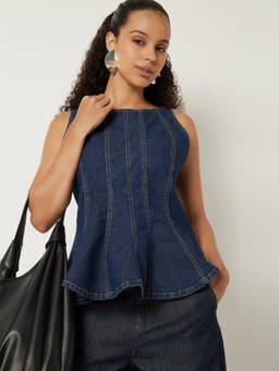 max - Blue Women Pintuck Denim Peplum Top