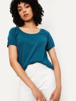 max - Teal Women Solid Styled Back Top