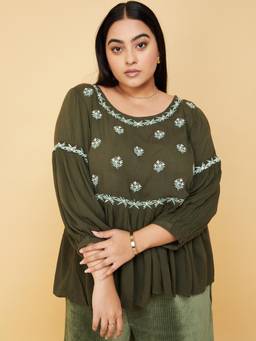 max - Olive Women Embroidered Gathered Tunic