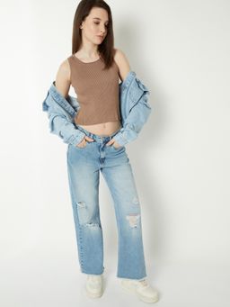 max - Brown Women Ribbed Crop Tank Top