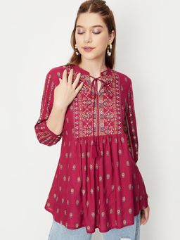 max - Wine Women Printed Tie-Up Neck Tunic