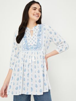 max - Off White Women Printed Tie-Up Neck Tunic