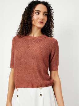 max - Brown Women Knit Textured Top with Ribbed Detail