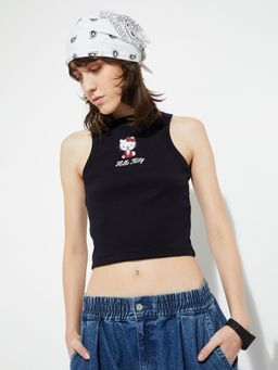 max - Black URB_N Women Hello Kitty Embroidered Crop Tank Top
