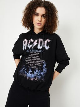 max - Black Women AC/DC Print Hooded Sweatshirt