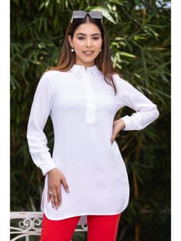 MLADA - White Regular Fit Full Sleeves Classic Longline Solid Rayon Tunic