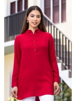 MLADA - Red Regular Fit Full Sleeves Classic Longline Solid Rayon Tunic