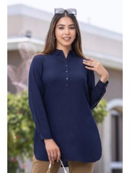 MLADA - Navy Blue Regular Fit Full Sleeves Classic Longline Solid Rayon Tunic
