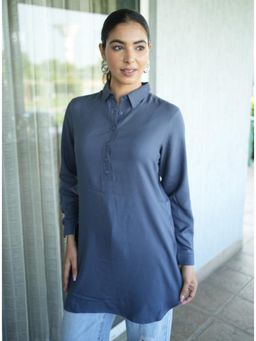 MLADA - Grey Regular Fit Full Sleeves Classic Longline Solid Rayon Tunic