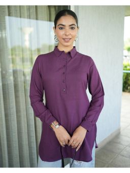 MLADA - Purple Regular Fit Full Sleeves Classic Longline Solid Rayon Tunic