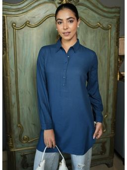 MLADA - Blue Regular Fit Full Sleeves Classic Longline Solid Rayon Tunic
