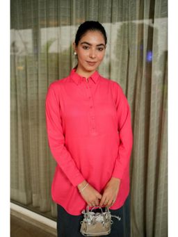 MLADA - Pink Regular Fit Full Sleeves Classic Longline Solid Rayon Tunic