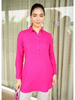 MLADA - Pink Regular Fit Full Sleeves Classic Longline Solid Rayon Tunic