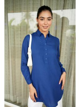 MLADA - Blue Regular Fit Full Sleeves Classic Longline Solid Rayon Tunic