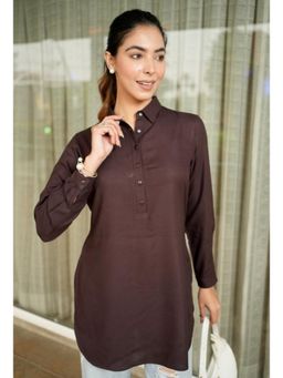MLADA - Brown Regular Fit Full Sleeves Classic Longline Solid Rayon Tunic