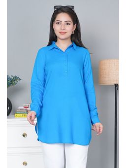 MLADA - Turquoise Regular Fit Full Sleeves Classic Longline Solid Rayon Tunic