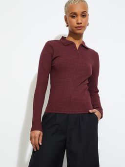max - Maroon URB_N Women Ribbed Fitted Top
