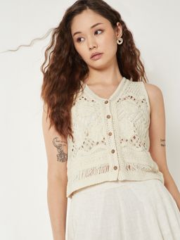 max - Cream Women Crochet Knit Vest Top