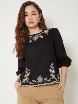 max - Black Women Embroidered Top