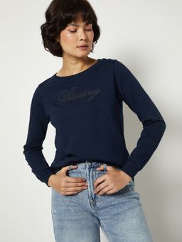 max - Navy Blue Women Embellished Sweatshirt