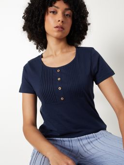 max - Navy Blue Women Pintuck Yoke Top