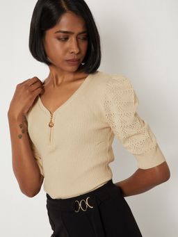 max - Beige Women Knit Puffed Sleeves Top