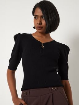 max - Black Women Knit Puffed Sleeves Top