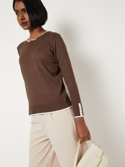 max - Brown Women Contrast Tipping Top with Pearl Accents